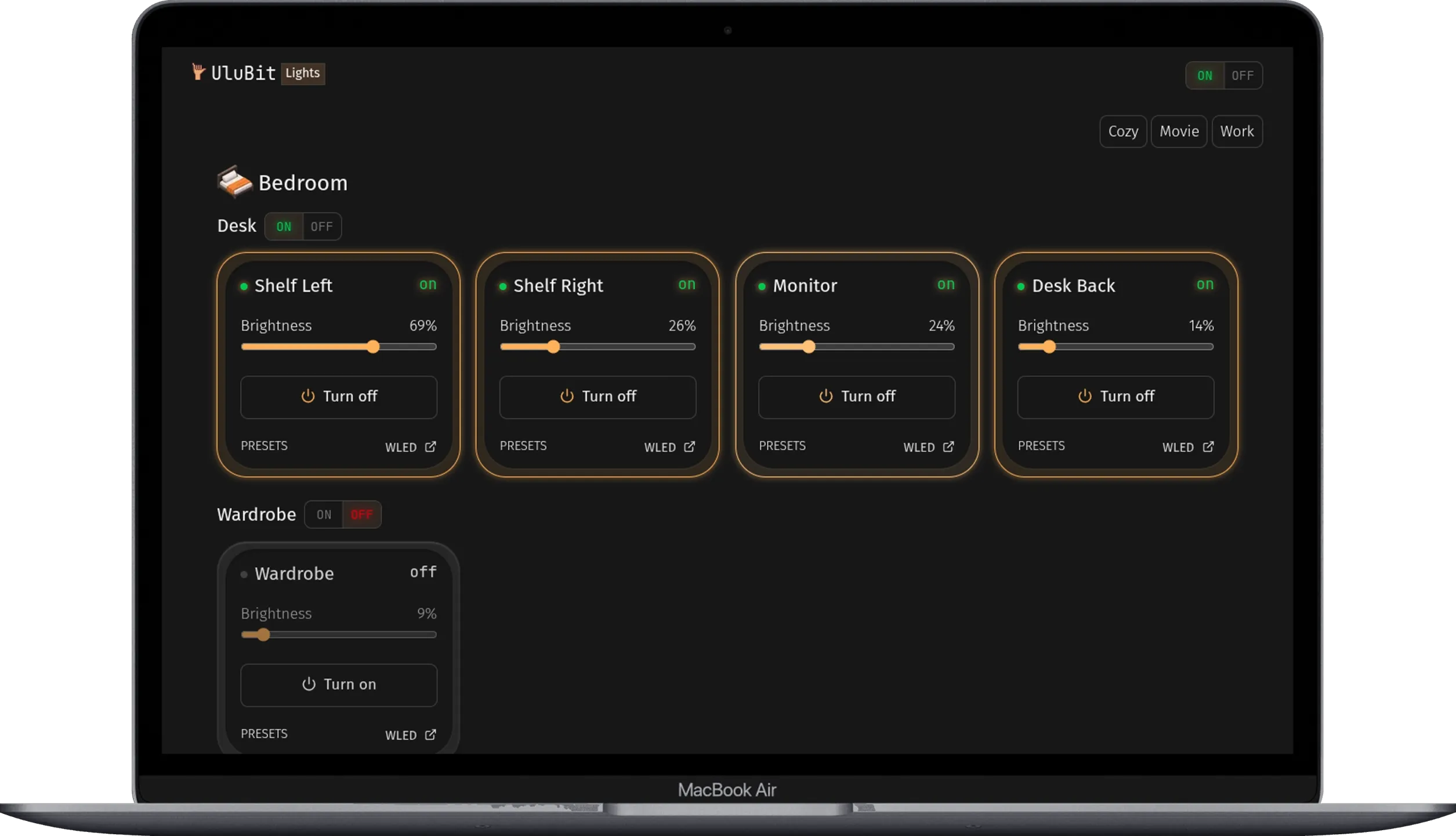 Lighting control web interface showing bedroom lights, brightness controls, wardrobe lighting, and scene buttons.