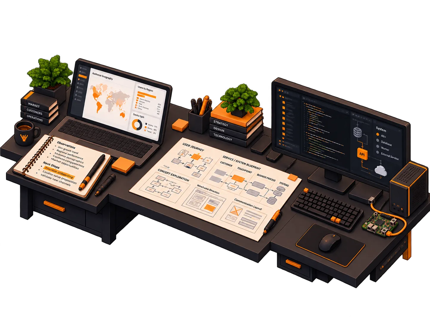 Isometric UluBit workspace showing business research, solution design, and technical implementation across one connected desk.